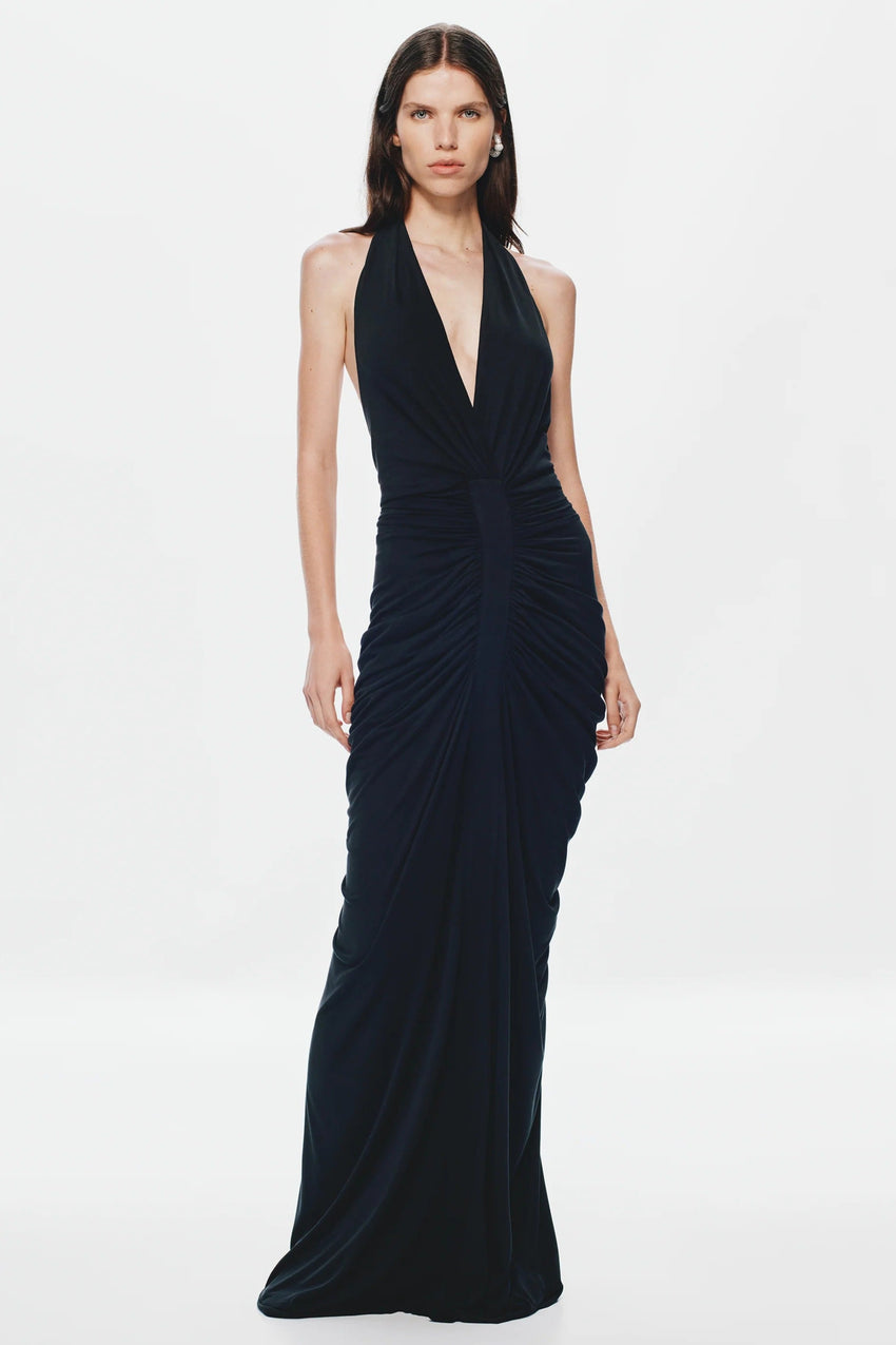 Misha Venus Gathered Cupro Dress - Black