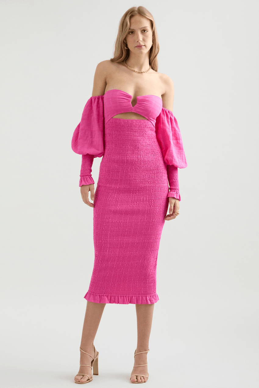 Lucia Shirred Midi Dress - Pink